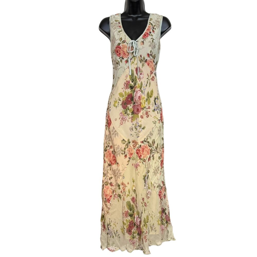 Vtg 90s Paradise NY Patchwork Floral Rayon Maxi Dress Coquette Cottagecore M